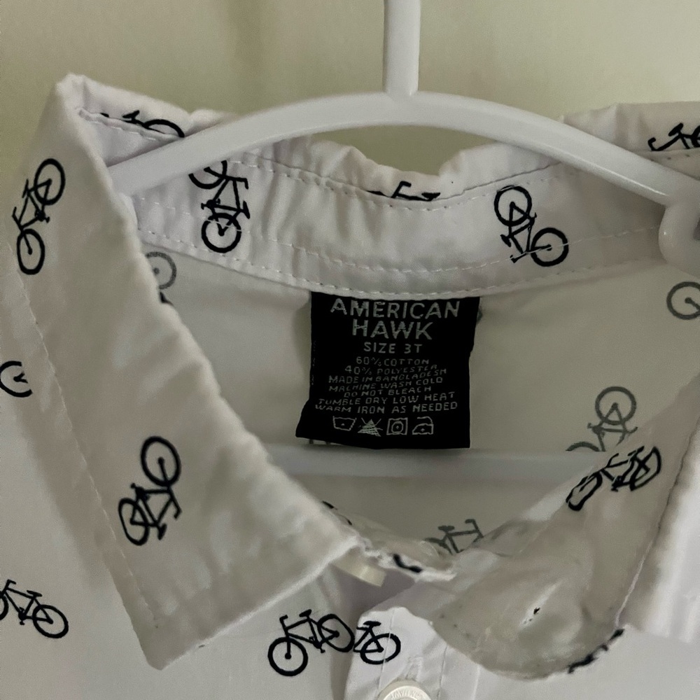 American Hawk White Bicycle Print Button-Down Shirt 3T - Picture 3 of 5